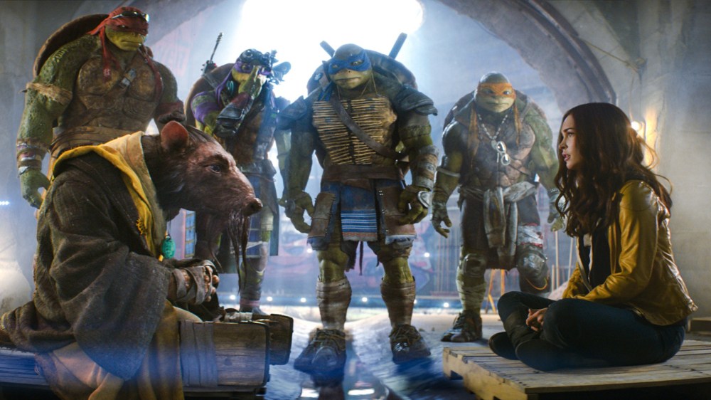 Raphael, Splinter, Donatello, Leonardo, Michelangelo, and Megan Fox as April.
