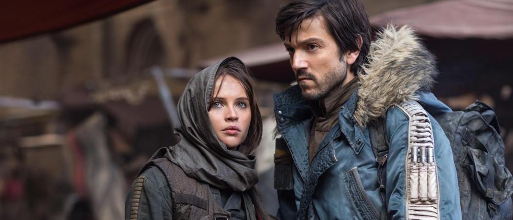 Felicity Jones as Jyn Erso and Diego Luna as Cassian Andor.